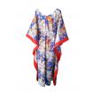 Caftan long en coton japonais bleu et finitions rouge corail