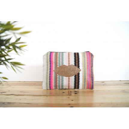 Pochette Tissu Triangles multicolores bouche paillettes dorées