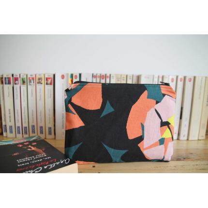Pochette tissu fleurs rose corail, noir, fluo 