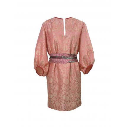 Robe tunique d’inspiration seventies en jacquard de soie indienne et sa ceinture upcylée