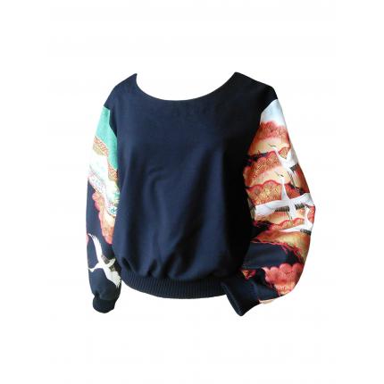 Sweat court en laine noire et coton japonais