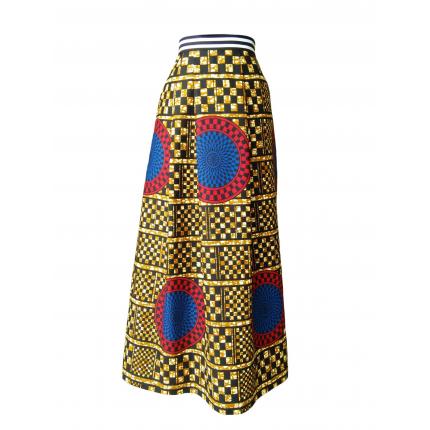 Jupe portefeuille en wax géométrique à damier