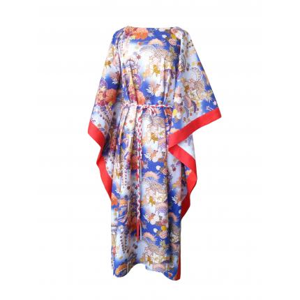 Caftan long en coton japonais bleu et finitions rouge corail