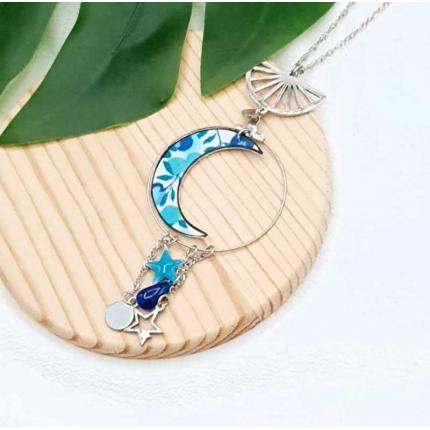 Sautoir Loup en acier inoxydable et liberty wiltshire crystal blue