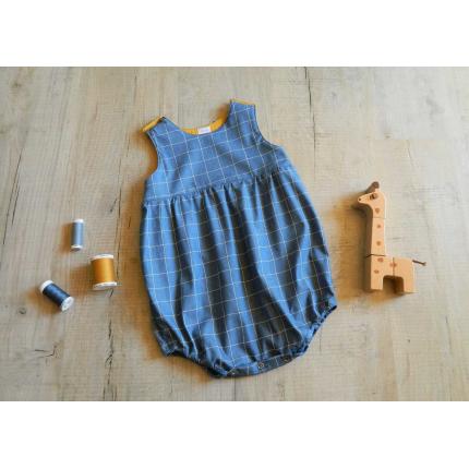 Barboteuse bébé à carreaux en coton bio, bleue et jaune