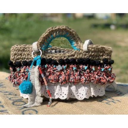PALERME - Sac panier, customisé au crochet ficelle de jute  - modèle « bohémien  »