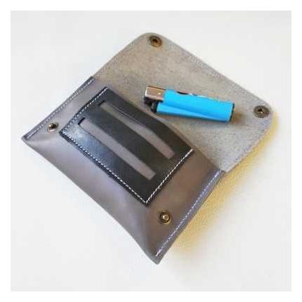 Blague à tabac en cuir lisse gris et noir