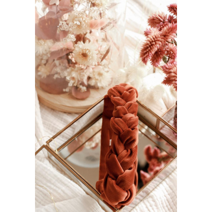 Headband tressé en velours ras brun