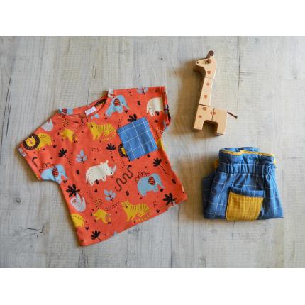 Short réversible bébé en coton bio à carreaux jaune et bleu