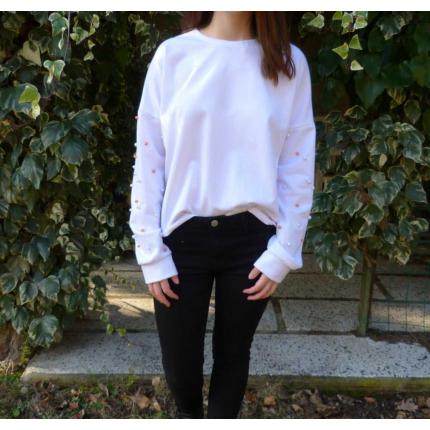 Sweat femme Blanc détails Perles