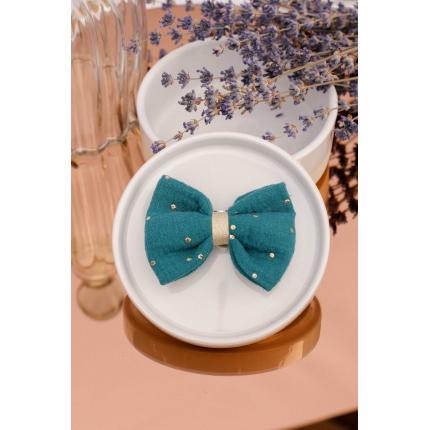 Noeud à clipser en double gaze bleu canard et doré