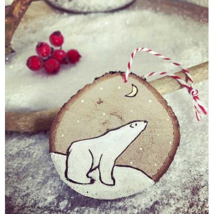Décoration de Noël naturelle en bois - rondelle ours polaire