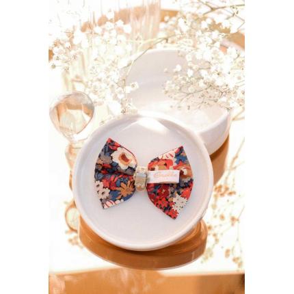 Noeud à clipser liberty fleur terracotta, bleu nuit centre doré