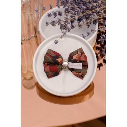 Noeud à clipser imprimé floral kaki, rouge tomette et beige rosé