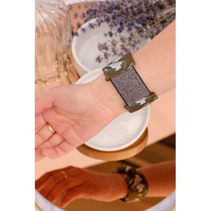 Manchette noeud vert olive motif oiseaux vert et argenté