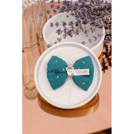 Noeud à clipser en double gaze bleu canard et doré