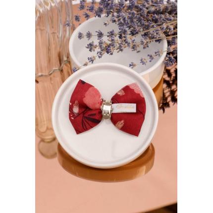 Noeud à clipser en mousseline marron terracotta imprimé fleur et lurex doré/rose