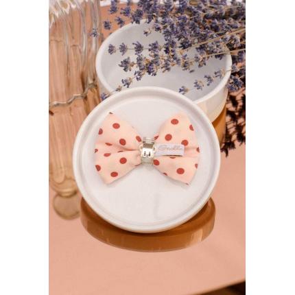 Noeud à clipser à pois bordeaux et fond rose clair