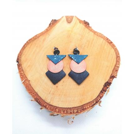 Boucles d'oreille "Totem" - argenté / turquoise/rose poudré/bleu marine     - Chibiz Créations