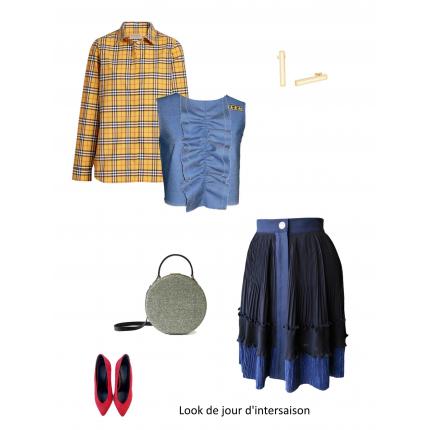 Crop top à jabot en jean et écusson brodé