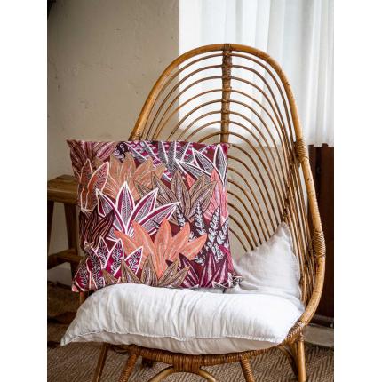 Coussin imprimé "feuilles" framboise