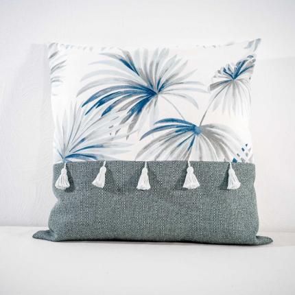 Coussin imprimé "palmier" à pompons
