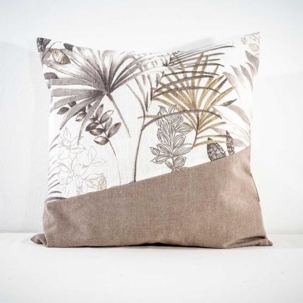 Coussin imprimé "végétal" et uni taupe