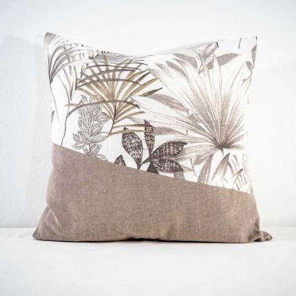 Coussin imprimé "végétal" et uni taupe