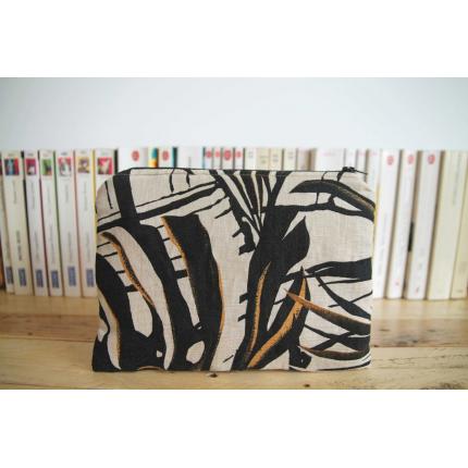 Pochette Tissu Lin végétaux noirs et camels