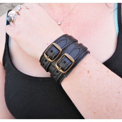 Bracelet large unisexe en cuir souple noir