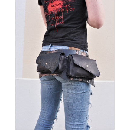 Ceinture utilitaire multi poches en patchwork de cuirs bronze et noirs pour voyage ou festival