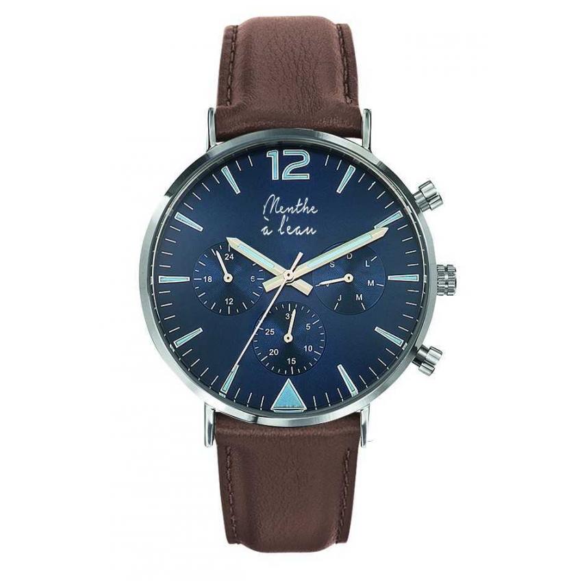 La Précise cuir marron fond bleu