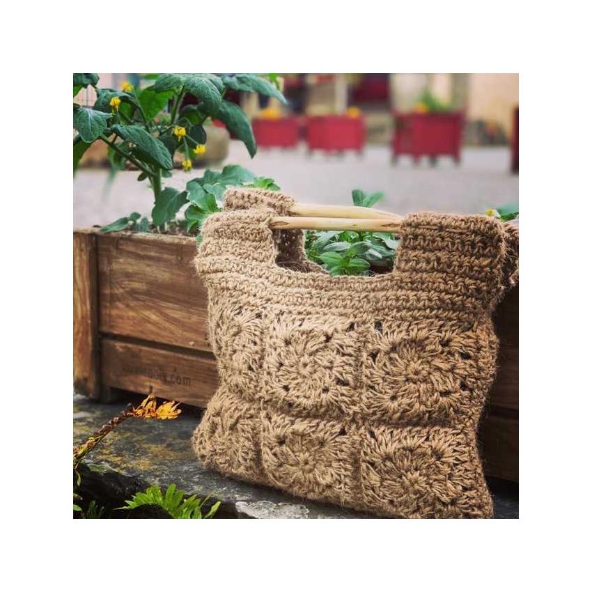 SMITH - Sac crochet granny ficelle de jute avec anses bois noisetier fait main, doublé velours noir