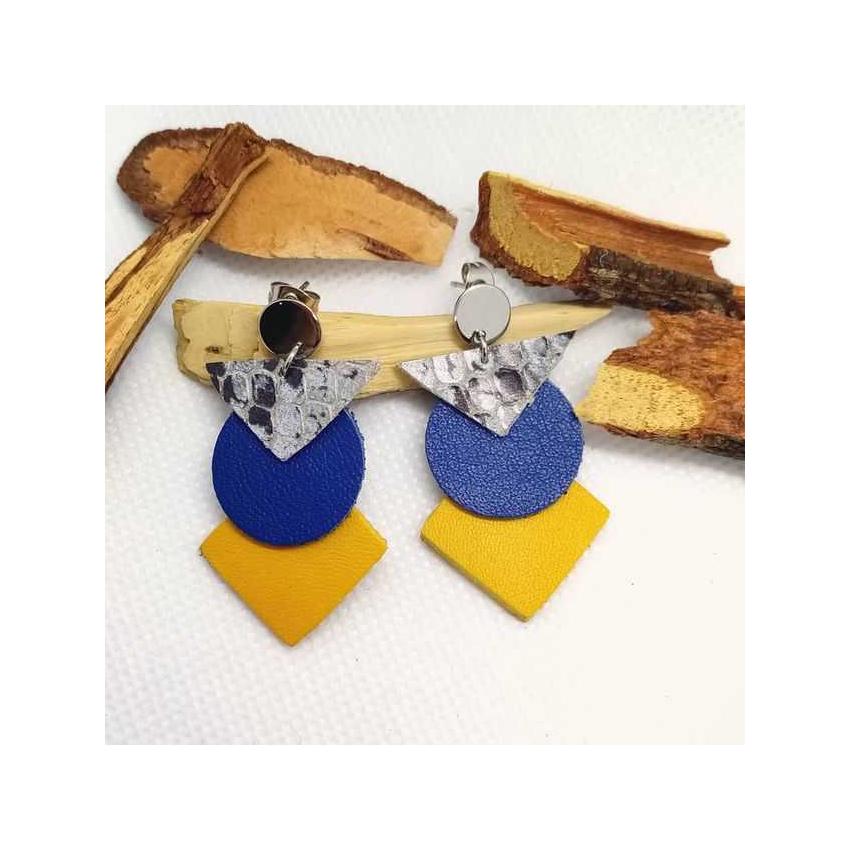 Boucles d'oreille "Totem" - argenté / gris / bleu roi/ jaune - Chibiz Créations