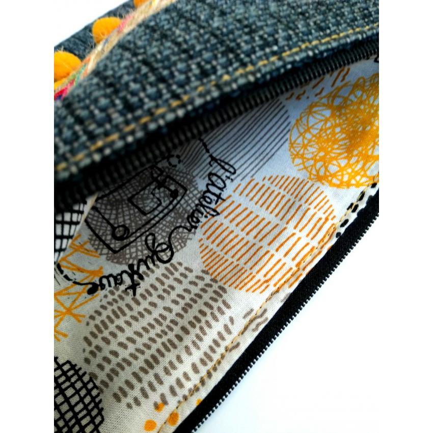 Pochette Gris foncé Ethnique Pompons Jaune