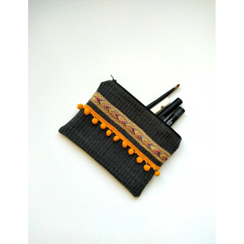 Pochette Gris foncé Ethnique Pompons Jaune