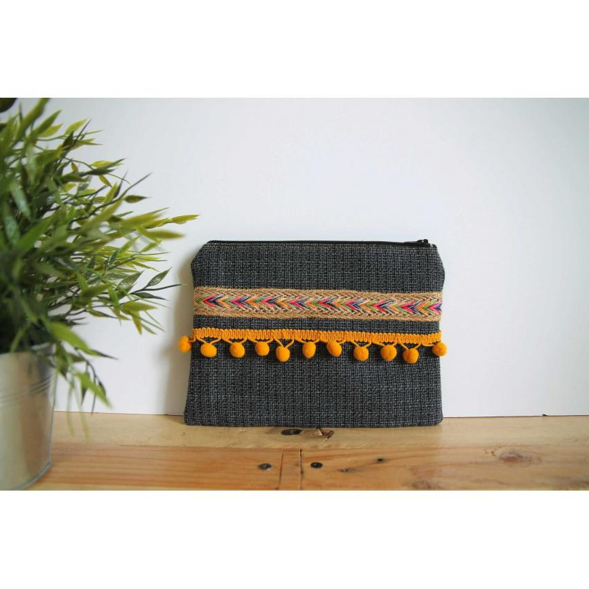 Pochette Gris foncé Ethnique Pompons Jaune