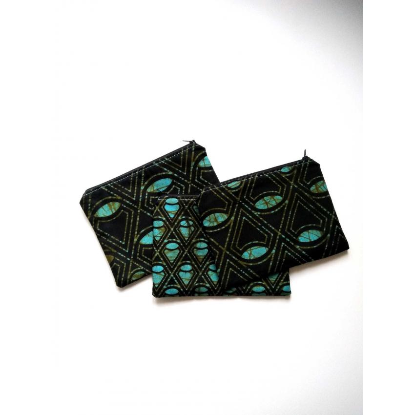 Pochette Ethnique Wax Bleue et Noire