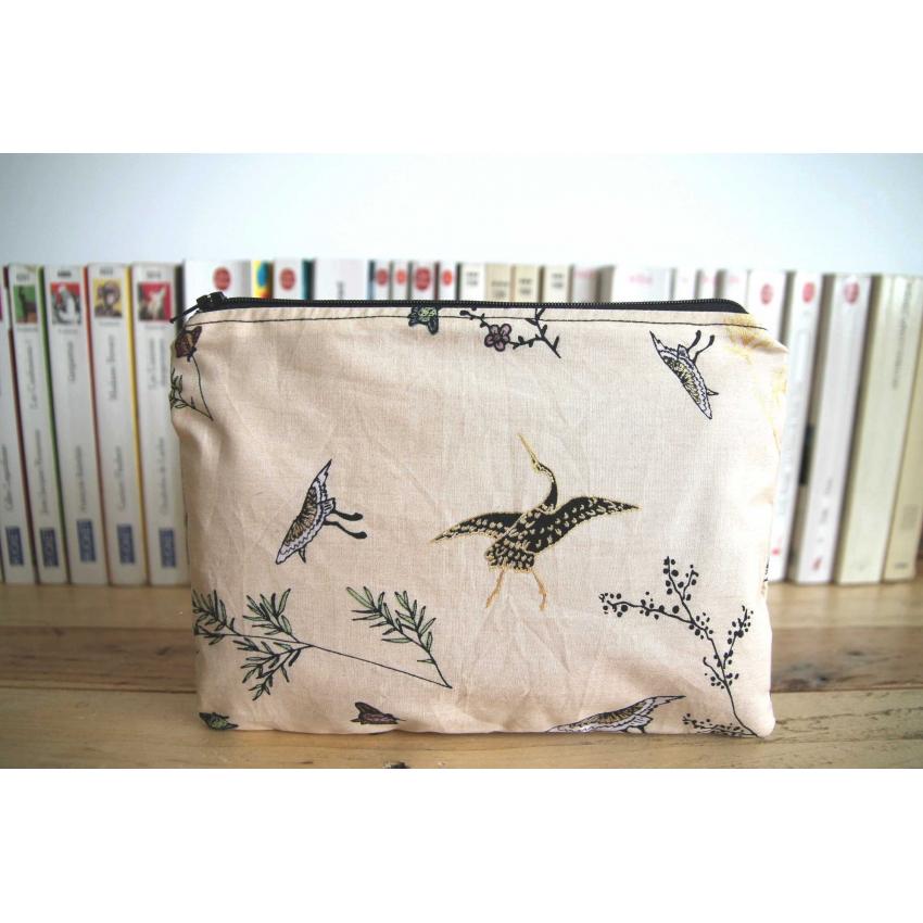 Pochette tissu Rose pâle oiseaux, style japonais