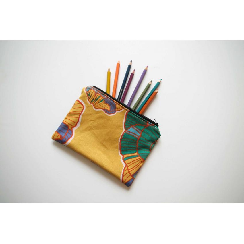 Pochette tissu fleurs jaunes - Pochette crayons - Rangement maquillage - Trousse de toilette