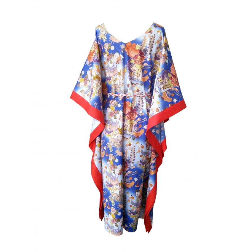 Caftan long en coton japonais bleu et finitions rouge corail