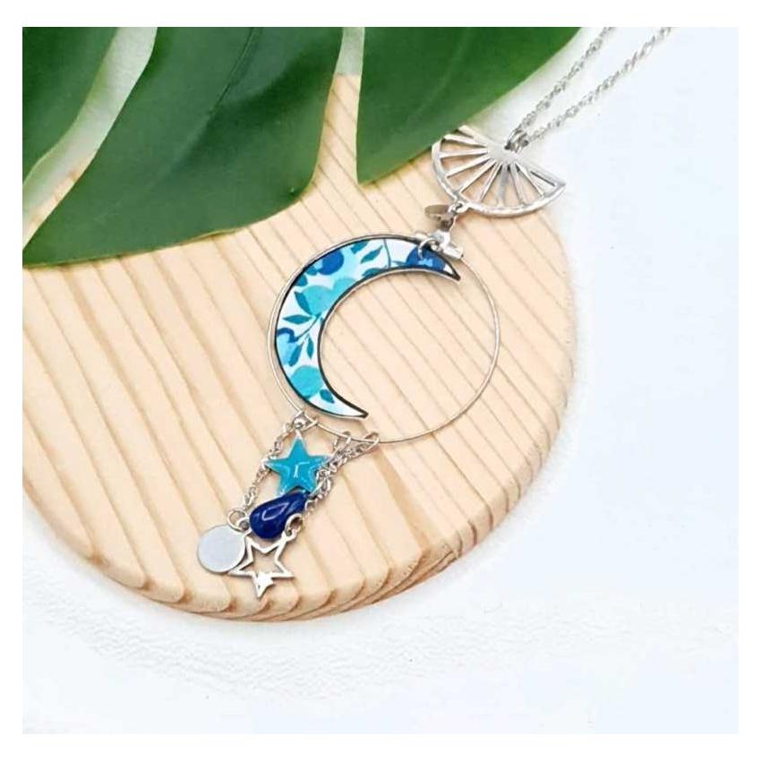 Sautoir Loup en acier inoxydable et liberty wiltshire crystal blue