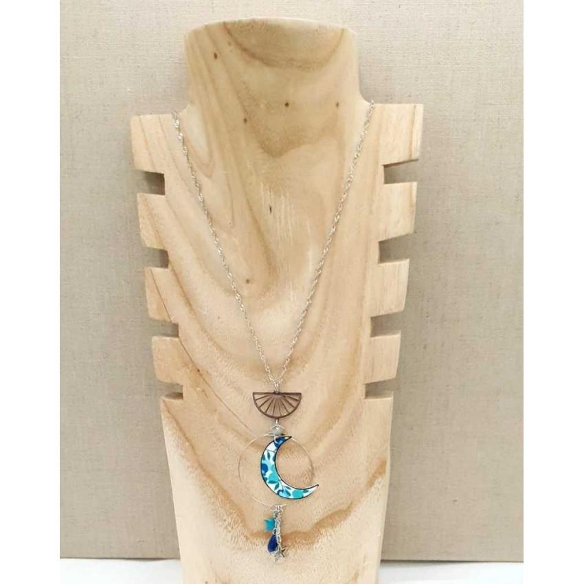 Sautoir Loup en acier inoxydable et liberty wiltshire crystal blue