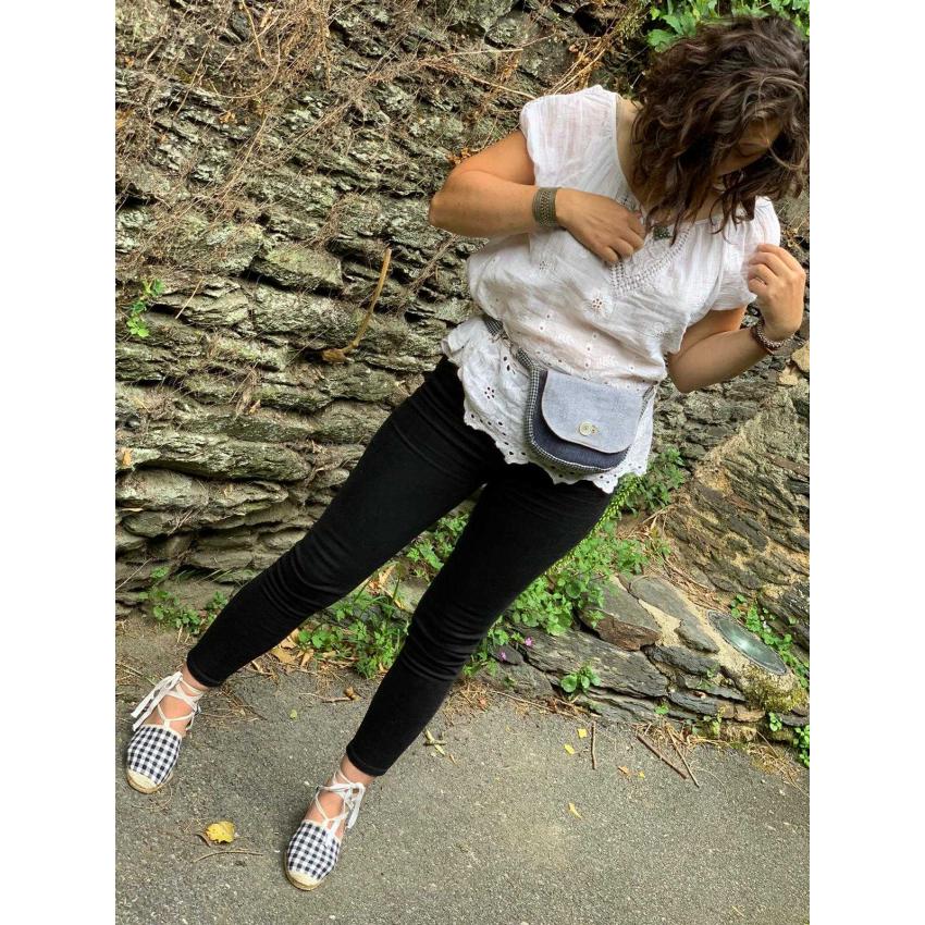 ROSS - sac réversible et multipositions = 8 versions ! Bandoulière, épaule court ou long, ceinture ou pochette. Tissu jean et pied de poule Récup