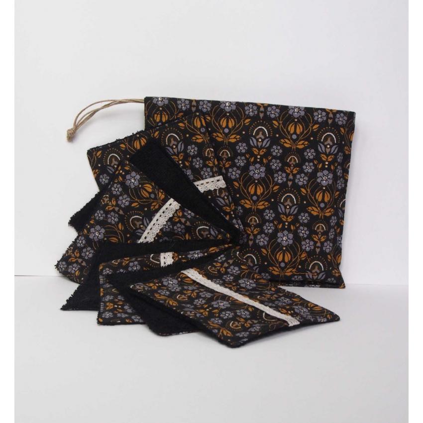 Lot 7 cotons lavables Flora noir, à adopter avec douceur.