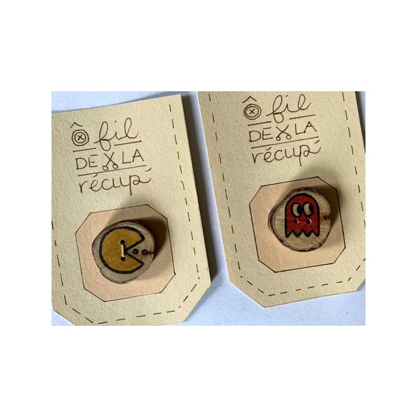 Boutons bois de poirier fait et illustrés main, thème PacMan, pacman ou fantôme au choix