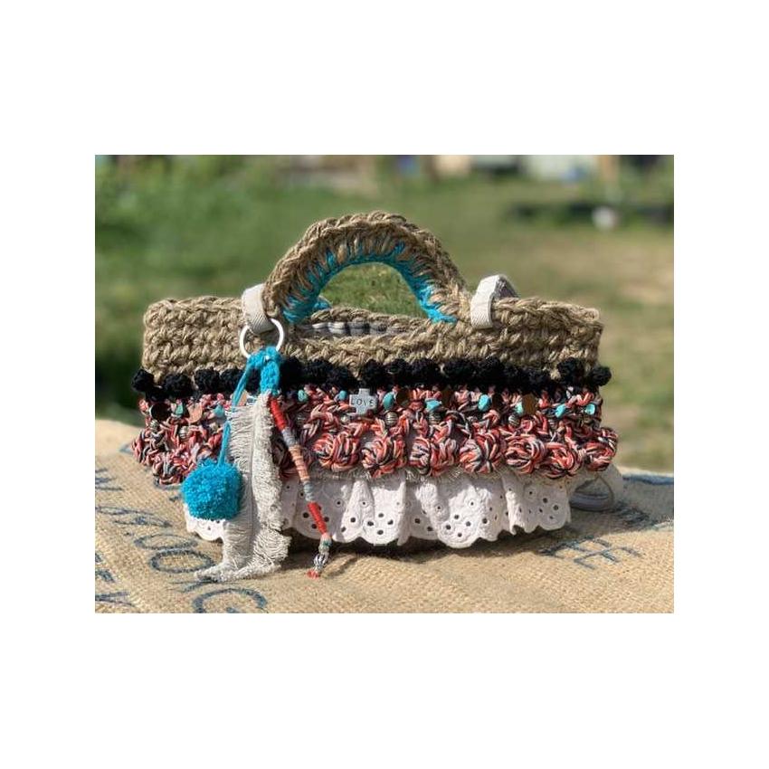 PALERME - Sac panier, customisé au crochet ficelle de jute - modèle « bohémien  »