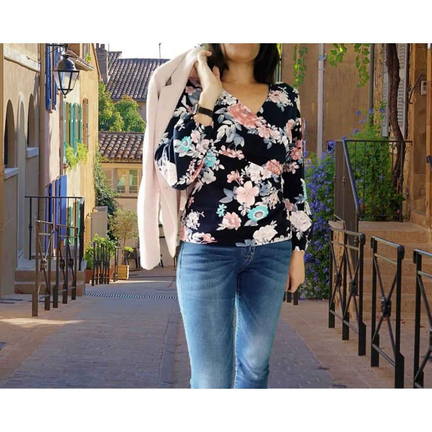 Chemise cache-coeur fleurie création unique