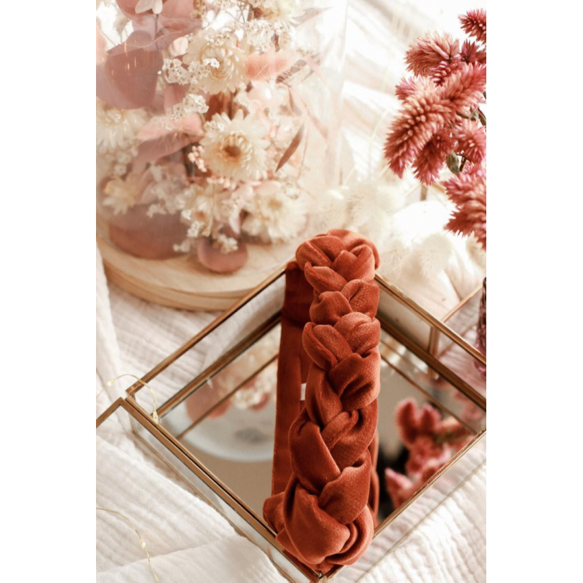 Headband tressé en velours ras brun