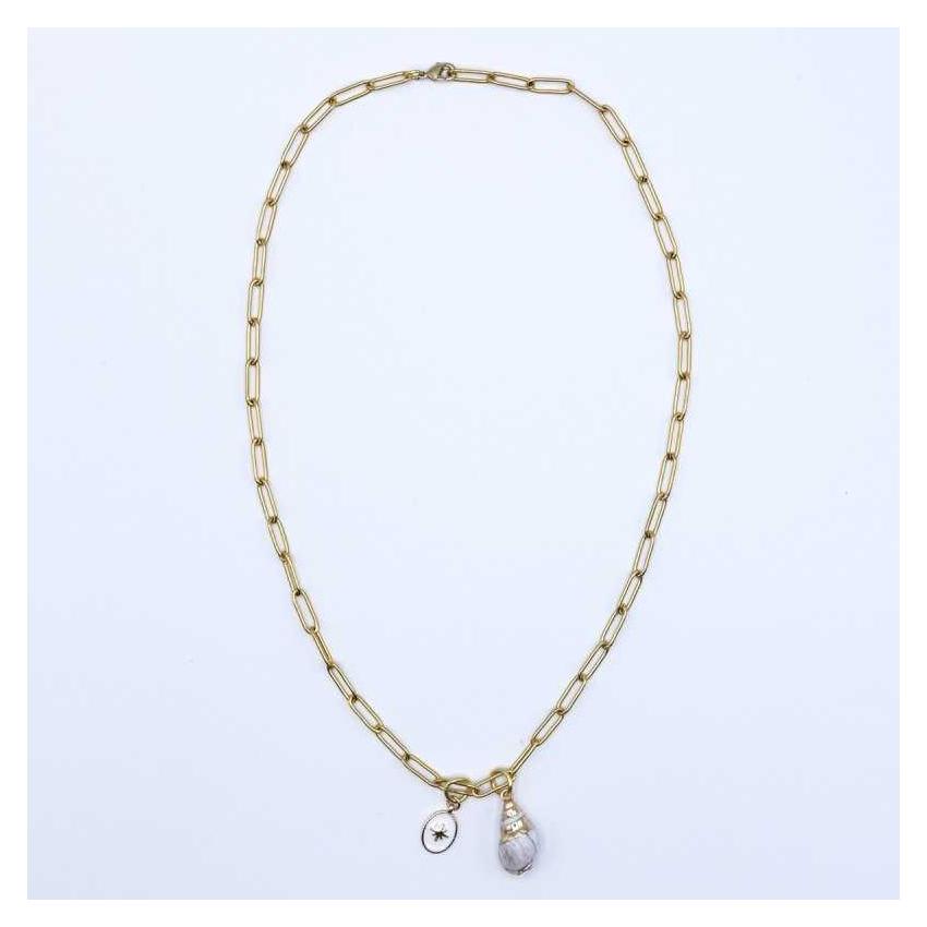 Collier à maillons, coquillage et médaillon